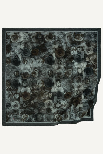 Koyu Gri Nostaljik Gül Desenli Müslin Eşarp (1)