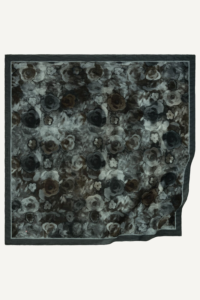Koyu Gri Nostaljik Gül Desenli Müslin Eşarp - 2