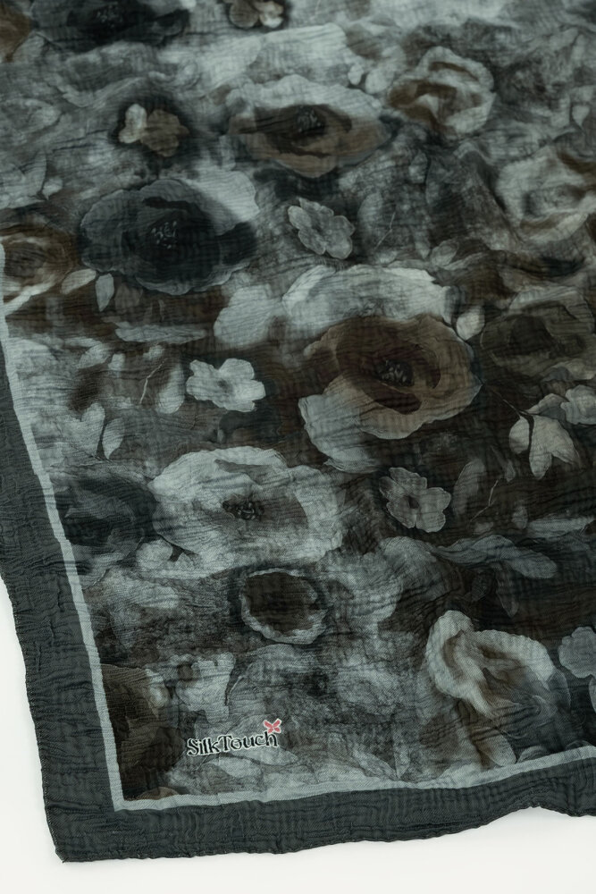 Koyu Gri Nostaljik Gül Desenli Müslin Eşarp - 3