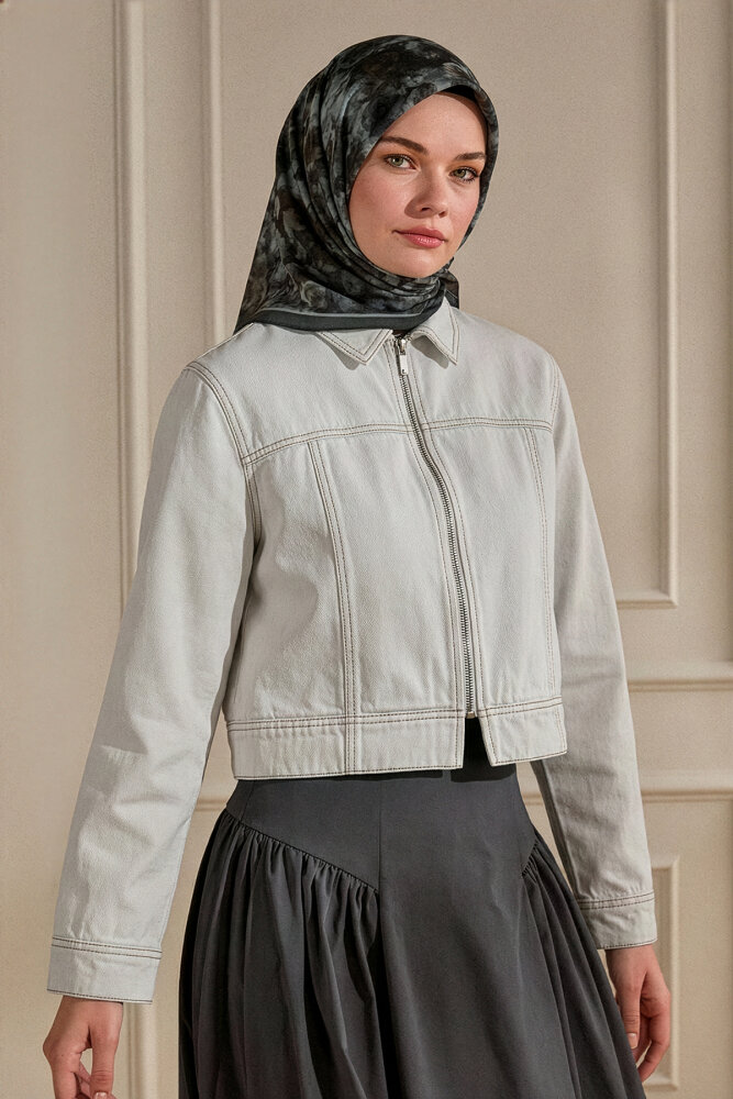 Koyu Gri Nostaljik Gül Desenli Müslin Eşarp - 1