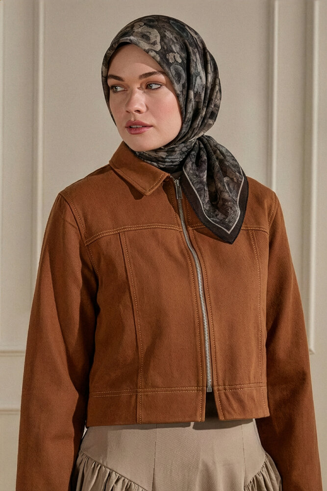 Koyu Vizon Nostaljik Gül Desenli Müslin Eşarp - 1