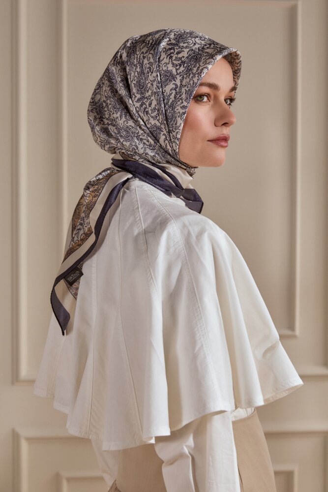 Lacivert Asalet Motifi Desen Kristal Eşarp - 1