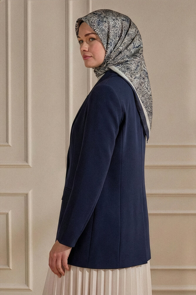 Lacivert-Beyaz Etnik Desen Kristal Eşarp - 1