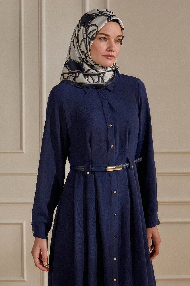 Lacivert Çember Dansı Desen Kristal Eşarp - 1