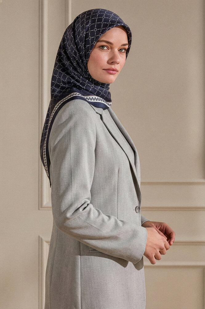 Lacivert Elmas Bağ Desen Kristal Eşarp - 1