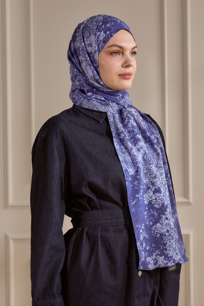 Lacivert Etnik Dantel Desen Rami Şal - 1