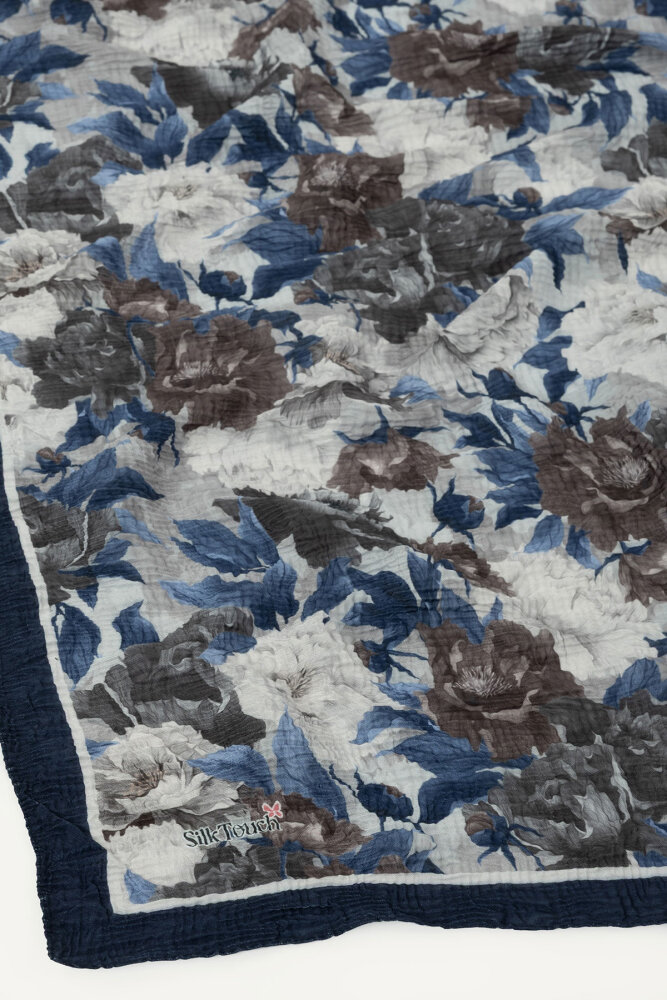 Lacivert Gece Çiçeği Desenli Müslin Eşarp - 3