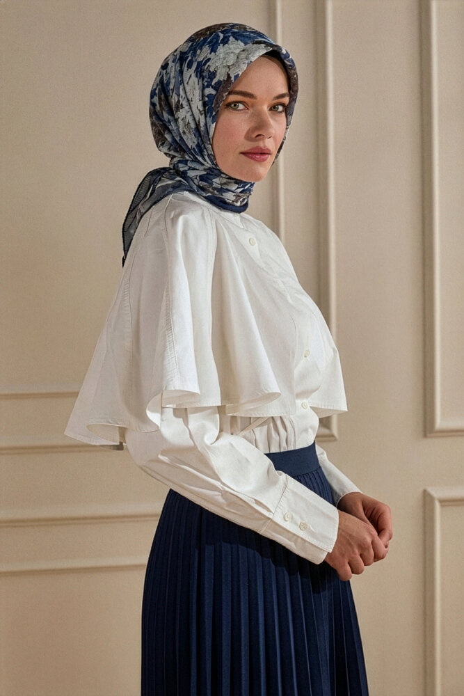 Lacivert Gece Çiçeği Desenli Müslin Eşarp - 1