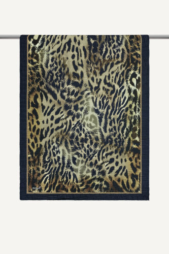 Lacivert Gold Leopar Desenli Müslin Şal