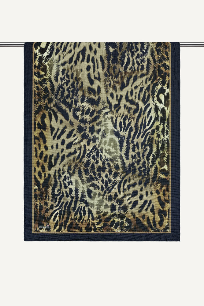 Lacivert Gold Leopar Desenli Müslin Şal - 1