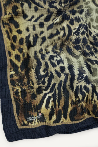 Lacivert Gold Leopar Desenli Müslin Şal (1)