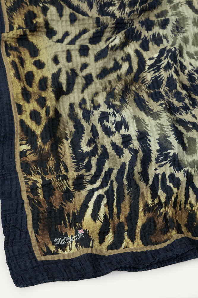 Lacivert Gold Leopar Desenli Müslin Şal - 2