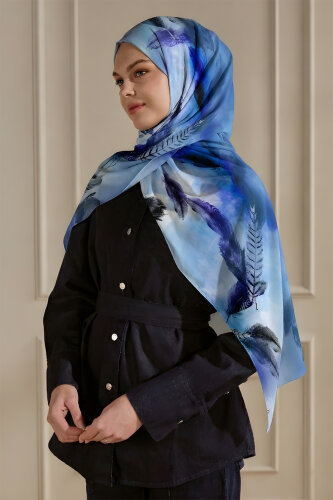 Lacivert Kehribar Tüyü Desenli Fransız İpeği Şal