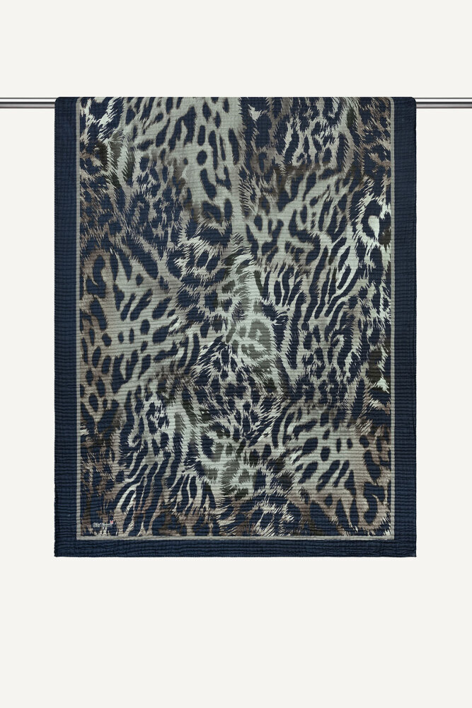 Lacivert Leopar Desenli Müslin Şal - 1