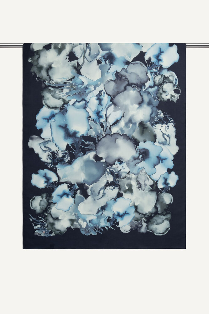 Lacivert Mermer Bulutu Desenli Fransız İpeği Şal - 2