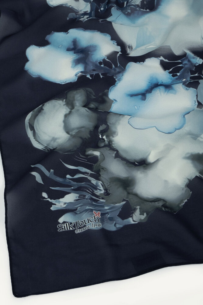 Lacivert Mermer Bulutu Desenli Fransız İpeği Şal - 3