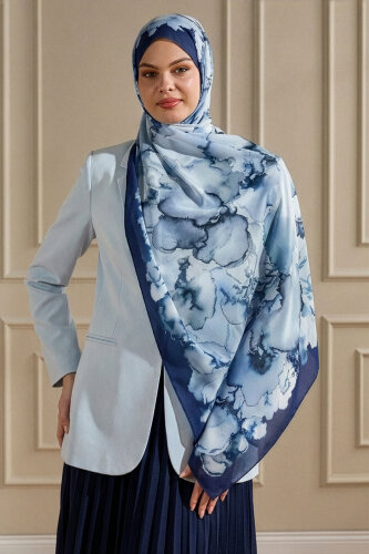 Lacivert Mermer Bulutu Desenli Fransız İpeği Şal