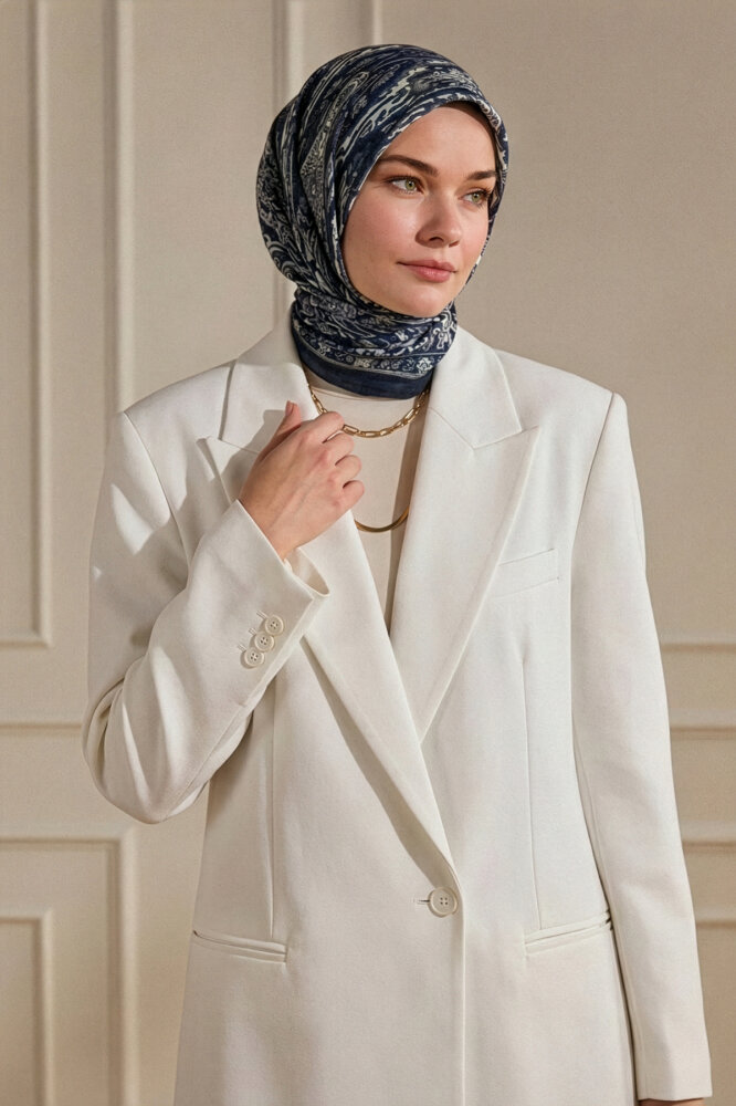 Lacivert Miras Desenli Müslin Eşarp - 1