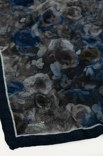 Lacivert Nostaljik Gül Desenli Müslin Eşarp - 3