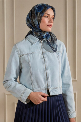 Lacivert Nostaljik Gül Desenli Müslin Eşarp