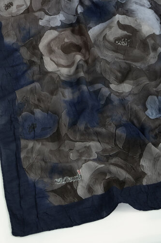 Lacivert Suluboya Gül Desenli Kraş Şal (1)