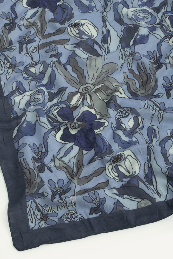 Lacivert Vintage Flora Desen Kraş Eşarp - 3