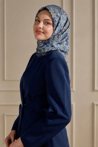 Lacivert Vintage Flora Desen Kraş Eşarp 