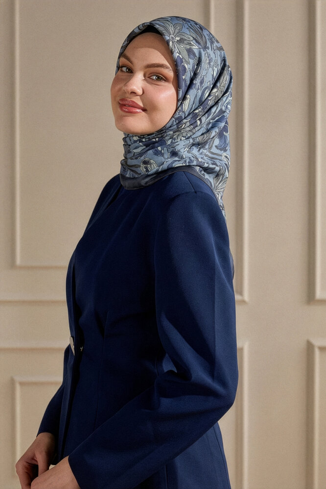 Lacivert Vintage Flora Desen Kraş Eşarp - 1