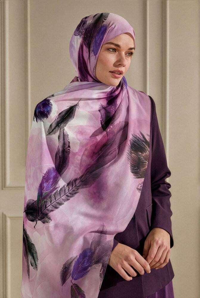 Lila Kehribar Tüyü Desenli Fransız İpeği Şal - 1