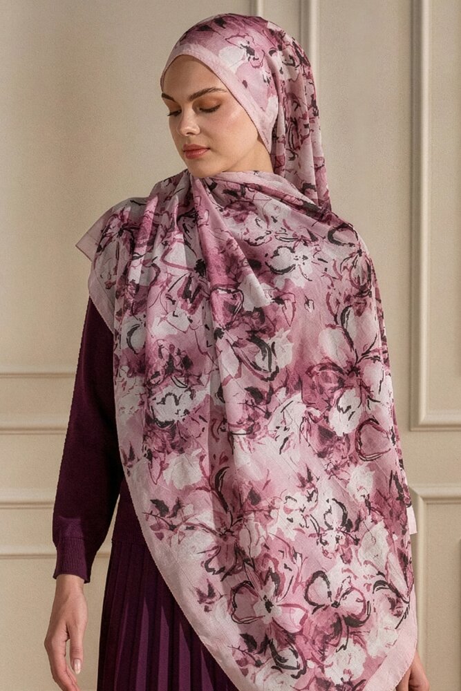 Lila Pamuk Esintisi Desen Kraş Şal - 1