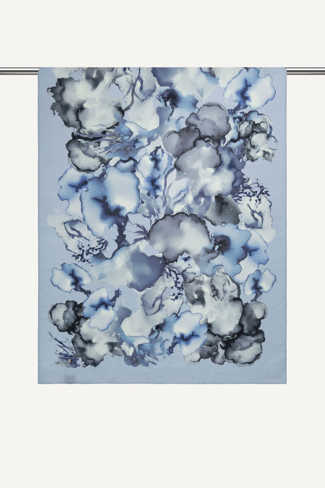 Mavi Mermer Bulutu Desenli Fransız İpeği Şal - 2