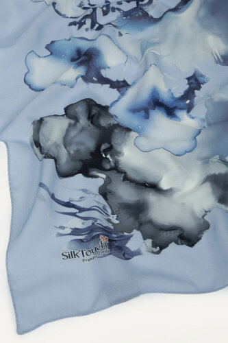 Mavi Mermer Bulutu Desenli Fransız İpeği Şal - 3