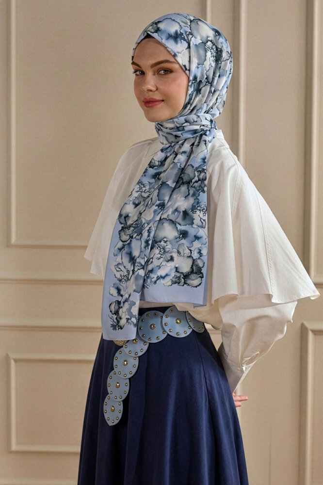 Mavi Mermer Bulutu Desenli Fransız İpeği Şal - 1
