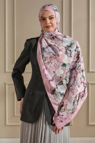 Pembe Mermer Bulutu Desenli Fransız İpeği Şal