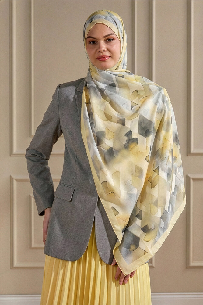 Sarı Kristal Işıltı Desenli Fransız İpeği Şal - 1