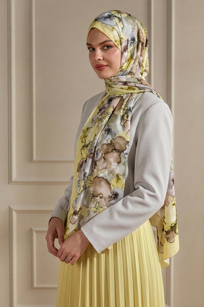 Sarı Mermer Bulutu Desenli Fransız İpeği Şal - 1