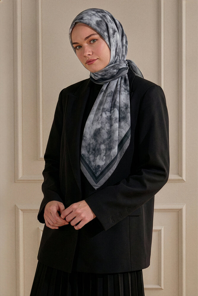 Siyah Bulut Desen Kraş Eşarp - 1