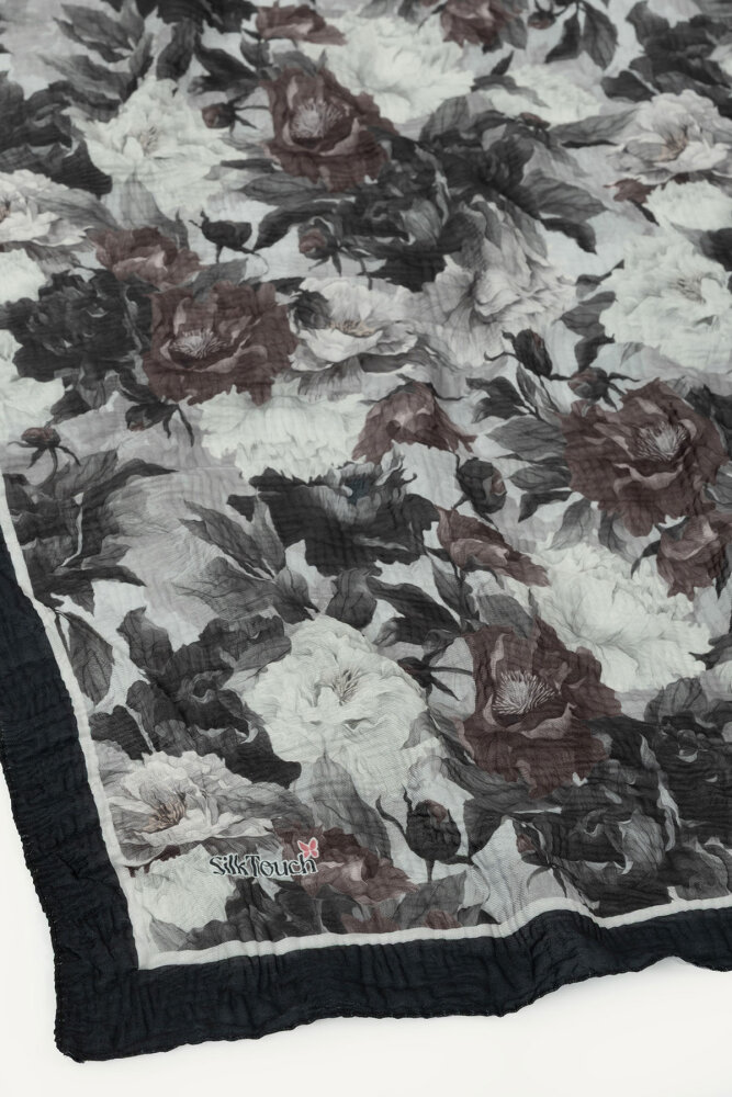 Siyah Gece Çiçeği Desenli Müslin Eşarp - 3