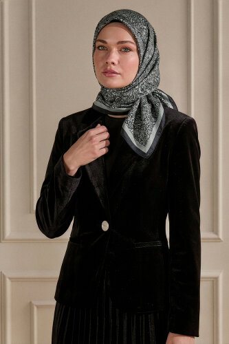 Siyah-Gri Etnik Desen Kristal Eşarp