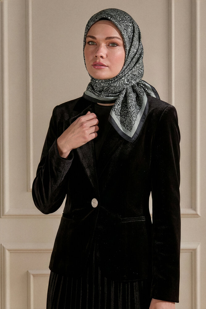 Siyah-Gri Etnik Desen Kristal Eşarp - 1