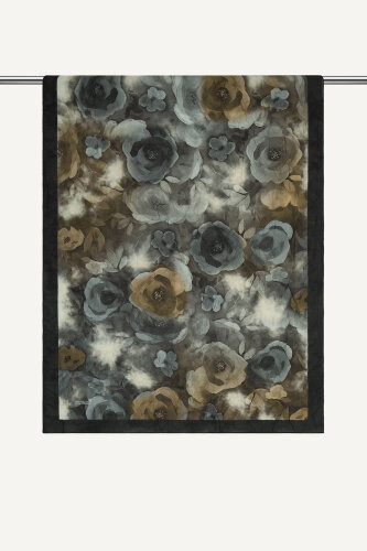 Siyah Gri Suluboya Gül Desenli Kraş Şal