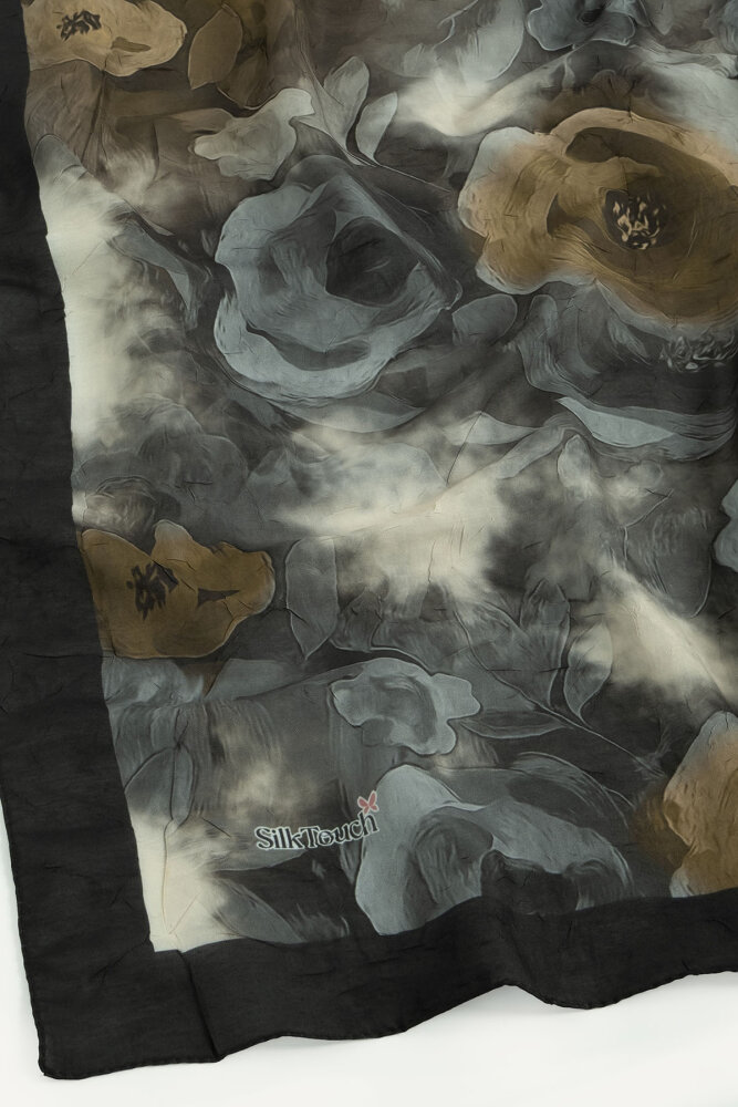 Siyah Gri Suluboya Gül Desenli Kraş Şal - 2