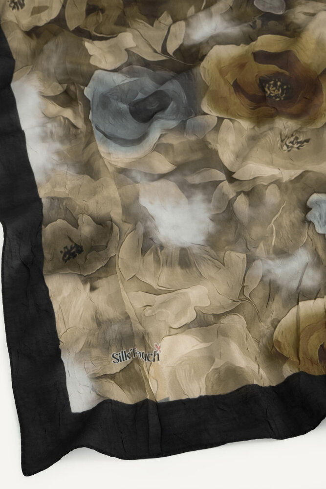 Siyah Kahve Suluboya Gül Desenli Kraş Şal - 2