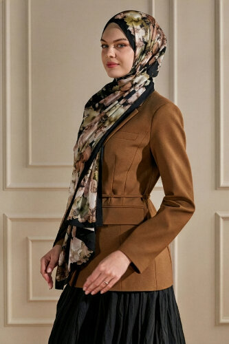 Siyah Mermer Bulutu Desenli Fransız İpeği Şal 