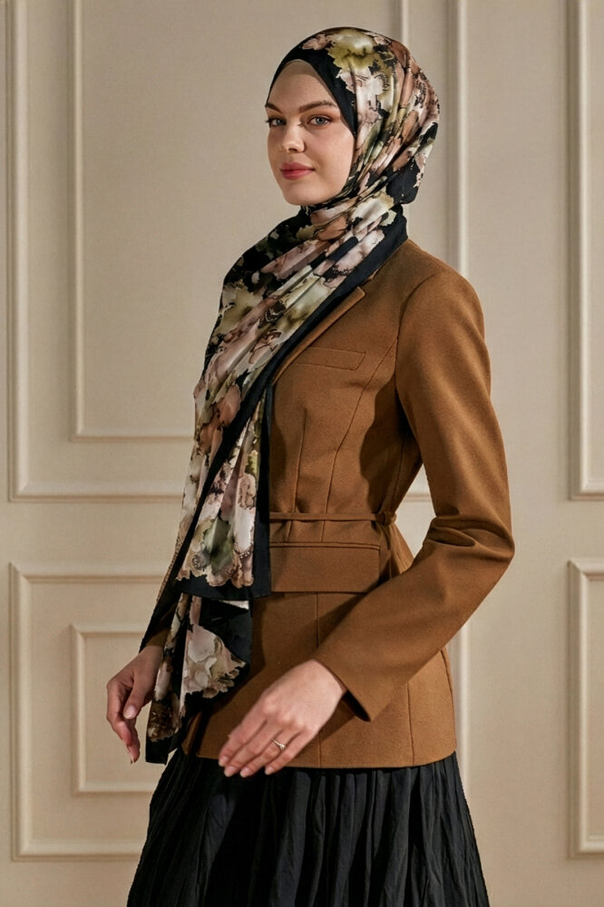 Siyah Mermer Bulutu Desenli Fransız İpeği Şal - 1