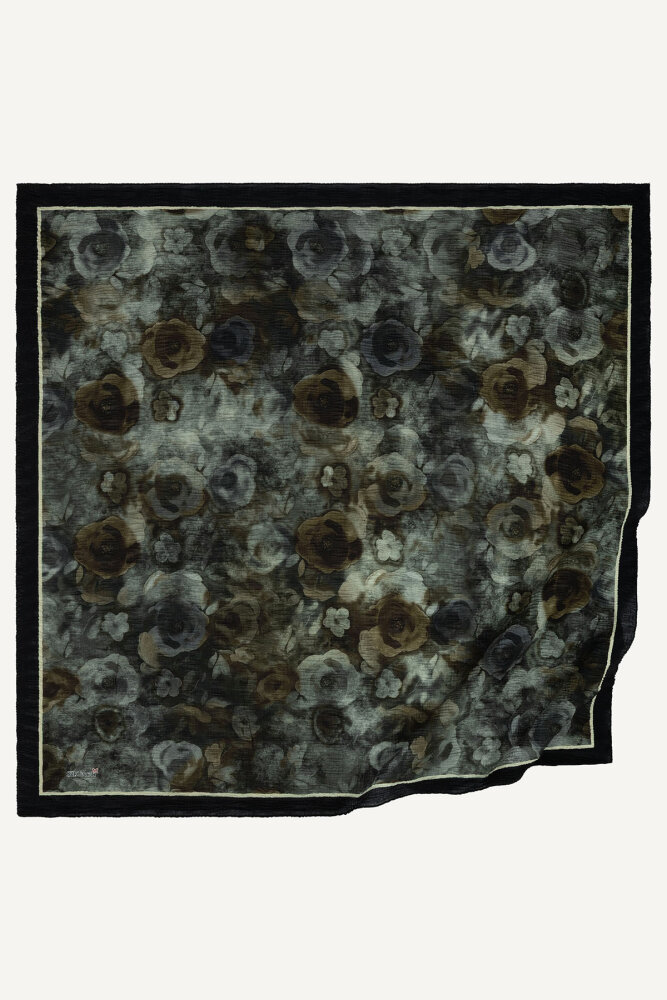 Siyah Nostaljik Gül Desenli Müslin Eşarp - 2