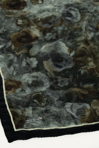 Siyah Nostaljik Gül Desenli Müslin Eşarp - 3