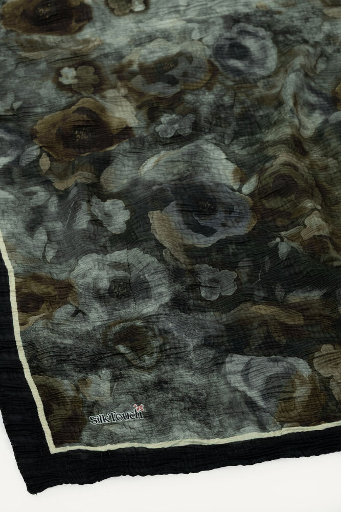 Siyah Nostaljik Gül Desenli Müslin Eşarp - 3