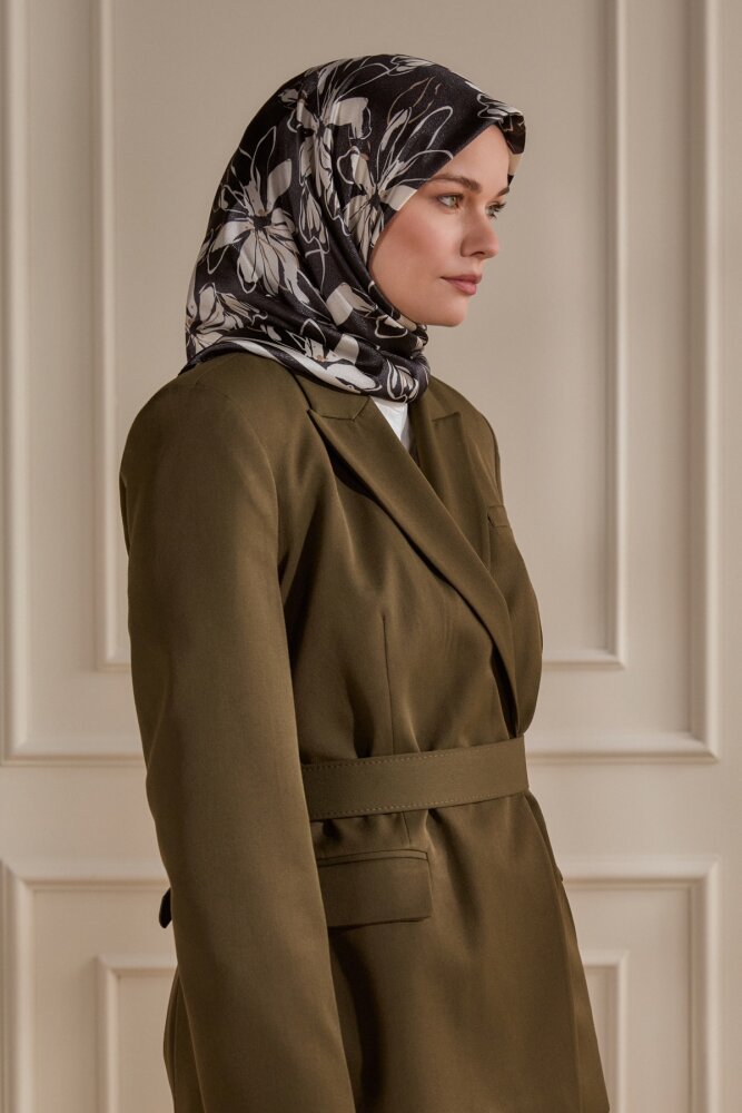 Siyah Şakayık Desen Kristal Eşarp - 1