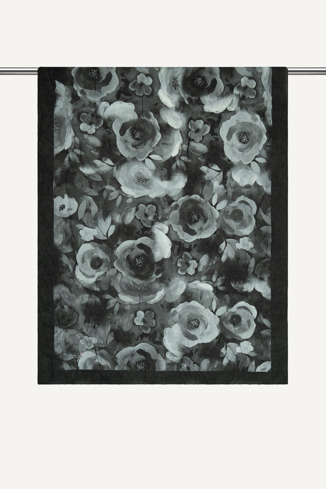 Siyah Suluboya Gül Desenli Kraş Şal - 1